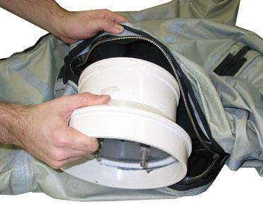 Prepare the outer shell for leak testing by removing the liner (see section 10.1 of this document). Turn the Outer Shell inside out. b. Place the neck plug into the Outer Shell, through the main entry zipper (Figure 24).