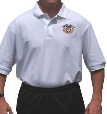 shirt with Registered logo embroidered on front.