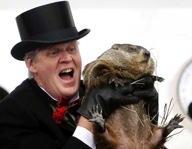 Punch Here Head Wrangler Jerry Guthlein holds up his groundhog Milltown Mel on Groundhog Day at the American Legion in Milltown, NJ.