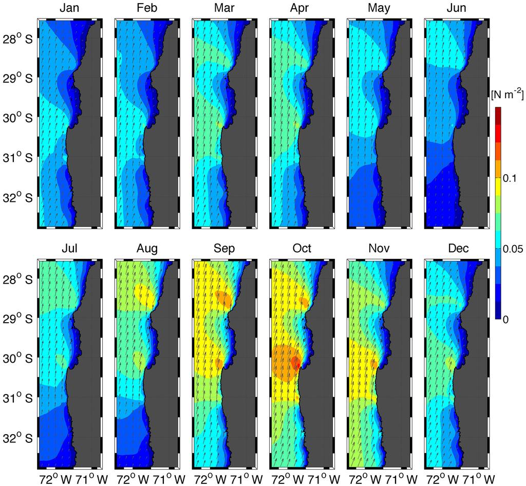 L. Bravo et al.: Seasonal variability of the Ekman transport Figure 4. Wind stress annual cycle obtained from the simulation at 4 km resolution (for 2007 2012).