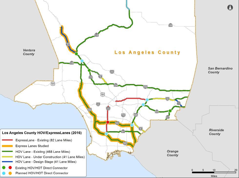 Figure 6: Existing, In Construction, and Planned HOV Lanes in Los Angeles County The conversion of GPLs to express lanes operation was not considered due to limitations in the current federal law