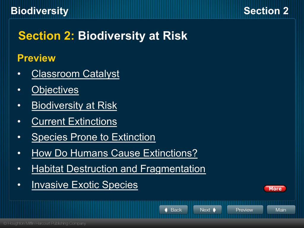 Section 2: Biodiversity at Risk Preview Classroom Catalyst Objectives Biodiversity at Risk Current Extinctions