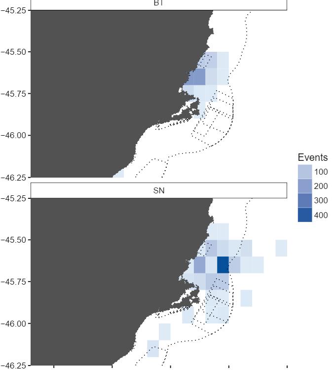 19 Figure 4: The distribution of fishing effort from vessels fishing out of Karitane Effort is cumulative from the 2008 to 2016 fishing years. BT=bottom trawl; SN=set net B.