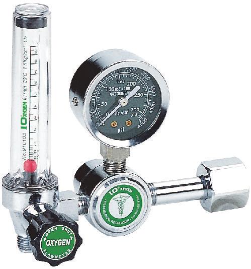 YR88-15FL Single Stage Flow Meter Regulator Features: Maximum inlet pressure 3000psi (210 bar). Piston style. Reliable external safety relief valve. Fully chromed brass material.