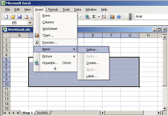 Excel: Defining a Range Step 2: Name the range (menu method) Click: Insert