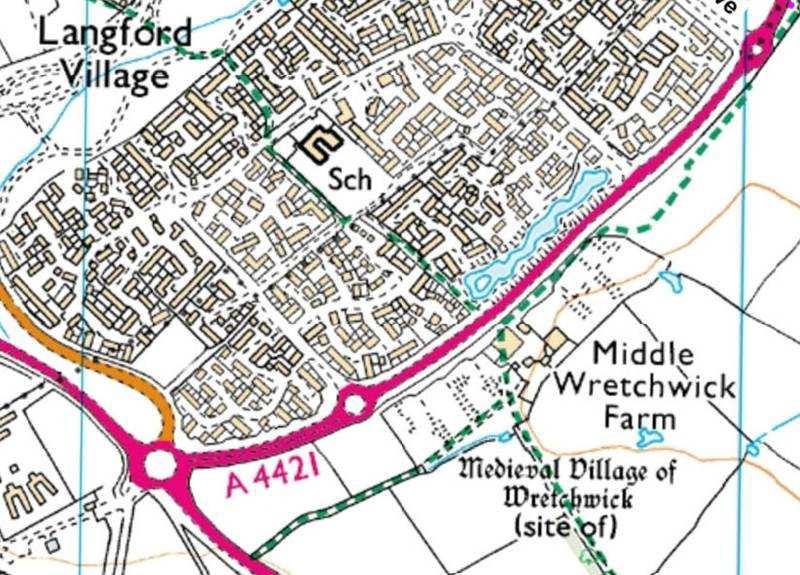 At the Gavray Drive roundabout, the Wretchwick footpath is not directly linked to the Launton path as indicated on the map, but is accessed via a separate entrance (see picture next page) located in