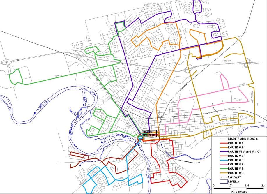 Figure 2.5 City of Brantford Transit Route System Current Ridership Transit ridership has increased each year since the City assumed operation of the Transit service in 1997. In 2005 there were 1.