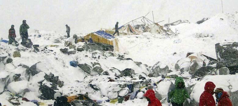 Devastation at Base Camp Exhibit 2. Photo of devastation at Everest Base Camp taken minutes after the avalanche.
