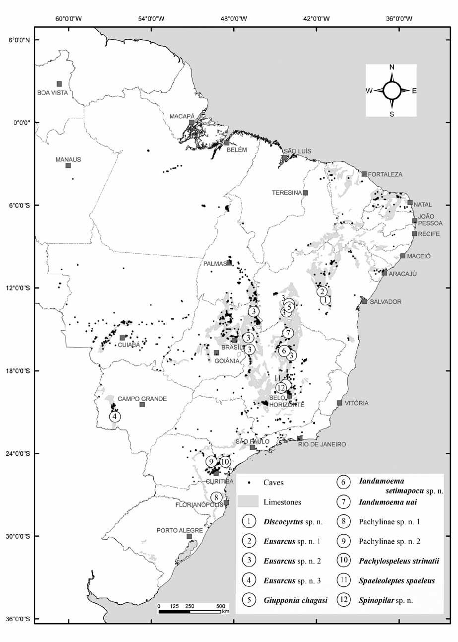 FIGURE 4. Known records for troglobitic harvestmen in Brazil. Notes on the distribution of Brazilian cave species: About 800 harvestmen species in 13 families occur in Brazil (Kury 2003).