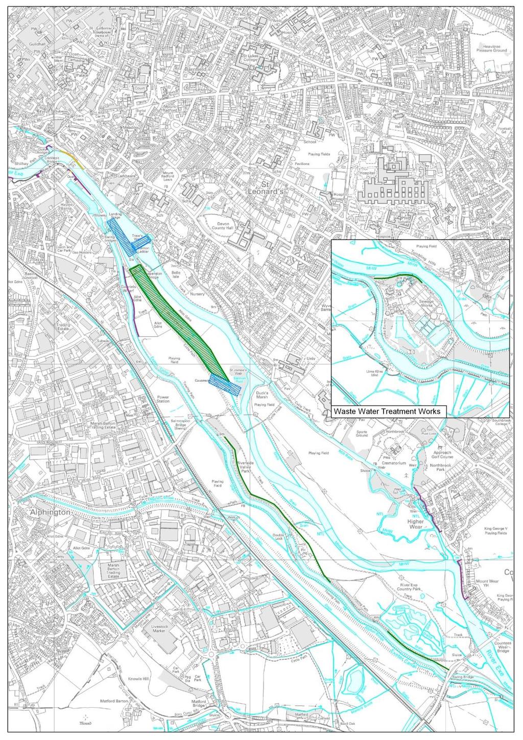 The Quay Demountable defences Trews Side Weir crest modifications Countess Wear Sewage Treatment Works SWW defence embankments Phase 2 Will raise standard of flood protection from 1/40 annual risk to