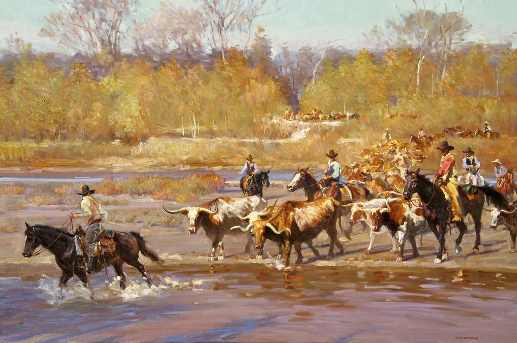 Crossing Red, oil, 40 x 60 Crossing Red River for the cowboys of the Chisholm Trail always was a challenge.