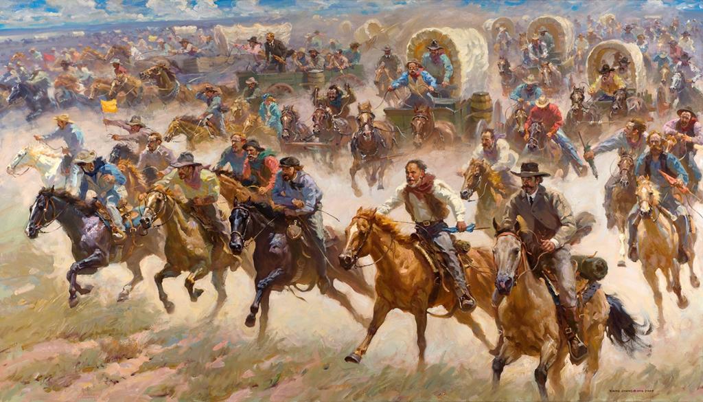 Oklahoma Land Run 1893, oil, 48 x 82 I have done seven Land Rush paintings.