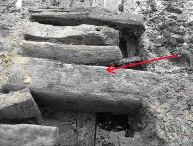Figure 32 Image of the keelson looking west (keelson indicated by arrow) There are three sets of floor timbers running through Area FL 5 B, each appear complete and in excellent condition; it appears