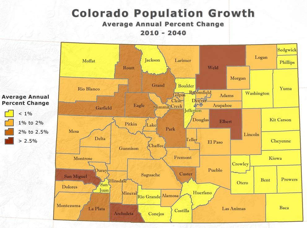 2020 is projected to be concentrated along the Front Range, which includes the I-25 corridor from Fort Collins to Pueblo, where many of the state s most populous counties also have high population