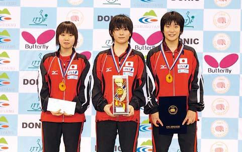 Misaki Morizono, Ayuka Tanioka and Rika Suzuki after winning the Team event at the Korea Junior Open.