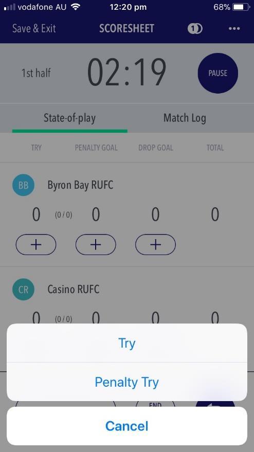Add (+) Try TRY will add 5 points One scorer = will see both team lists and can assign player statistics as required Two scorers = will only show their OWN team list and can only assign player