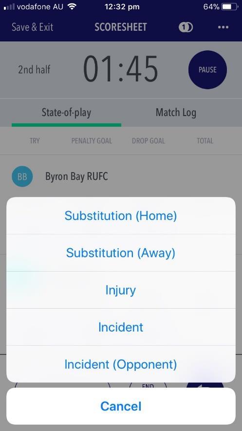 Match Actions Substitution Select Substitution (Home) or Substitution (Away) as
