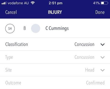 Classification (Serious Injury or Concussion), Type and Site NOTE: When you select