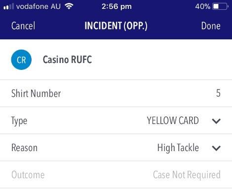 Match Actions Incidents (own team) Select Incident Select Player and click Next Select Type (Red Card or