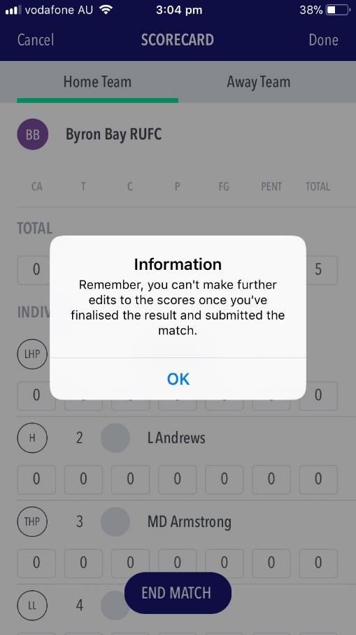 Review player statistics as you cannot make further edits within the app once you have submitted the match Check the Match Result and Player Statistics on this screen Final submission is required