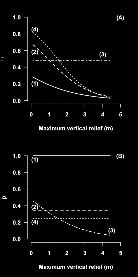 Figure 3.4. Predicted responses in red grouper occurrence probability, ψ, (A) and conditional probability, p, (B) to maximum vertical relief.