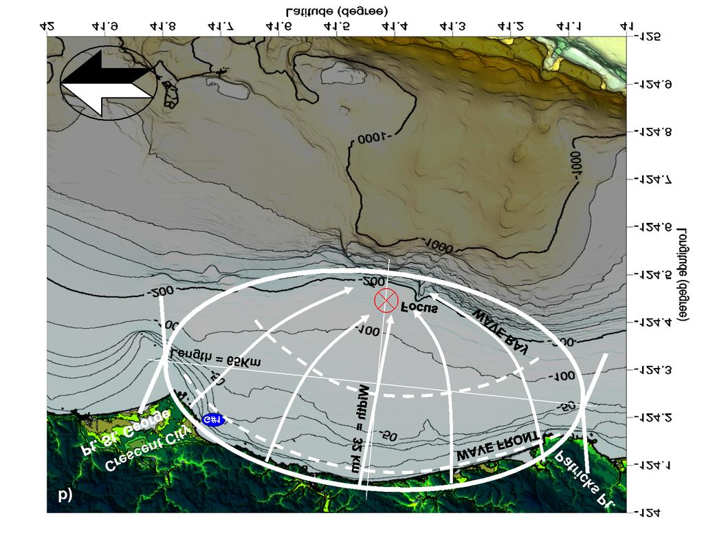 HORRILLO ET AL.: KURIL TSUNAMI PART II: LOCAL ENHANCEMENT Figure. Offshore bathymetry in proximity to Crescent City. Concave and convex curvatures are drawn along shoreline and shelfbreak edge.