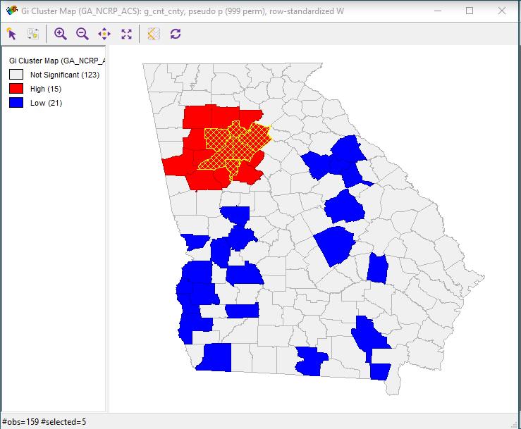 LISA Map: Georgia counties that have spatial dependency LISA Local Indicators of Spatial Association red and blue counties indicate statistical significance in each county separately Red counties