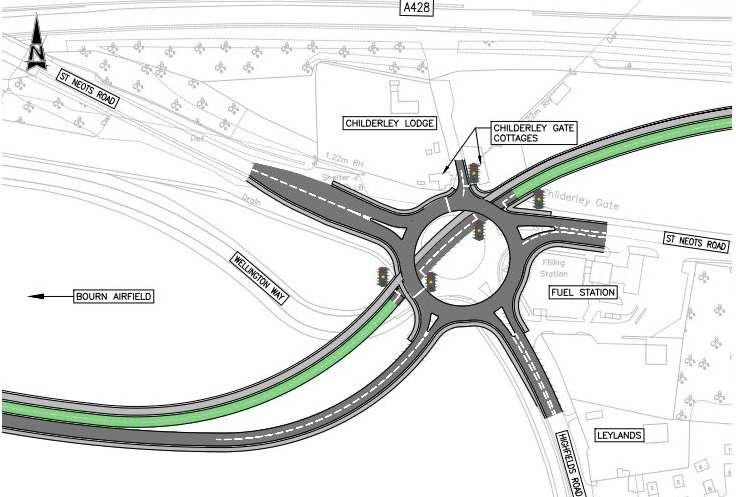 5.3.2 Proposal 1b - Priority busway through the centre of an enlarged Bourn Roundabout with aligned footway/cycleway The proposal would provide a busway intersecting the Bourn Roundabout with a