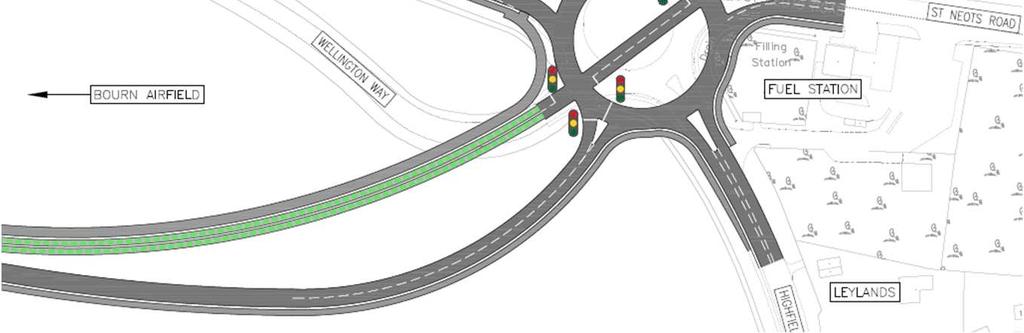 Traffic signals would be provided on the roundabout circulatory and the Bourn approach to the roundabout to hold traffic whilst buses pass through the junction as a priority manoeuvre.