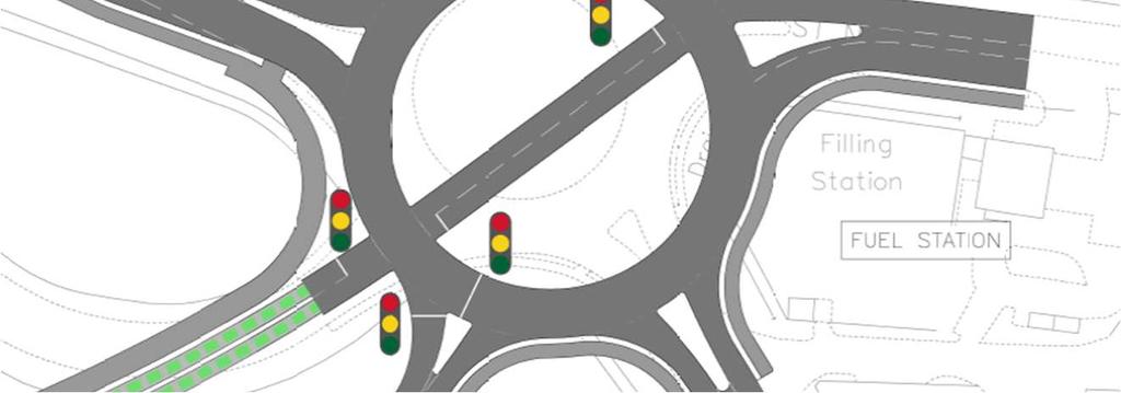 providing capacity required for the bus crossing; Stop lines would be positioned on the roundabout circulatory to hold traffic and allow priority for buses passing through the interchange without the