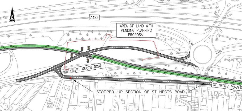 8.3.3 Proposal 3 Provision of a burst-through bus junction on St Neots Road and reopen stopped-up St Neots Road with new junction The proposal would remove the southern arm of the roundabout linking