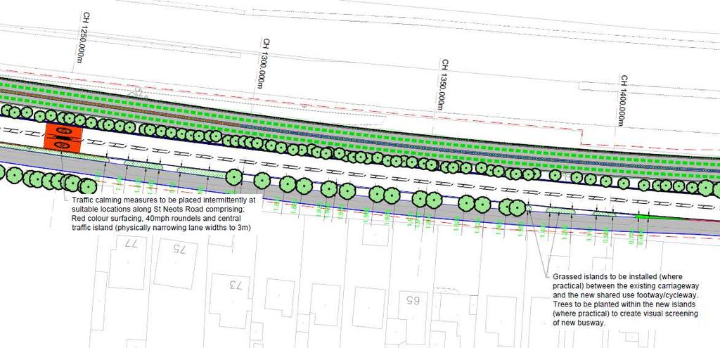 Figure 48 Proposed Extract of St Neots Road Enhancements The impact of a segregated busway to the north of the St Neots Road within the land area between St Neots Road and the A428 could introduce