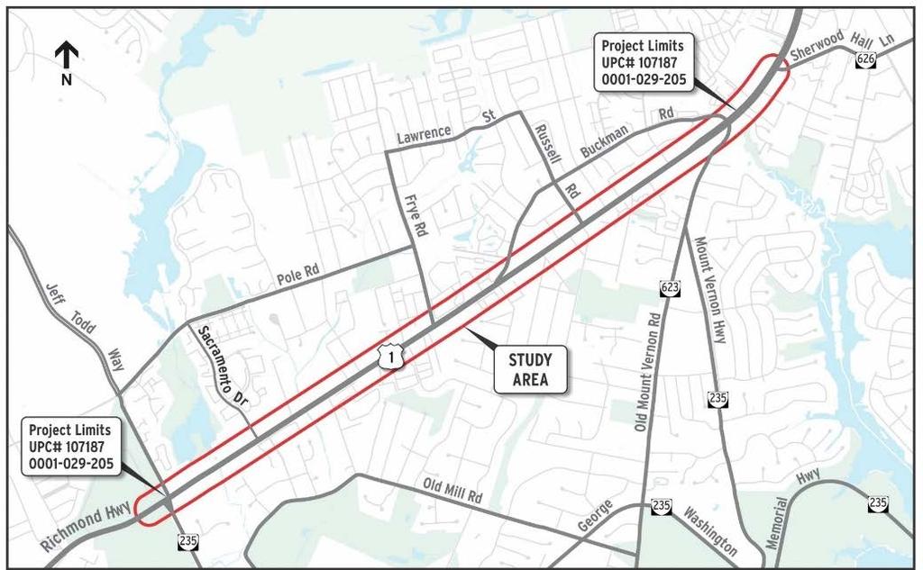 Proposed Improvements Widening of Richmond Highway (US Route 1) from four lanes to six lanes Jeff Todd Way to Napper Road Approximately 3 miles Safety access management principles incorporated