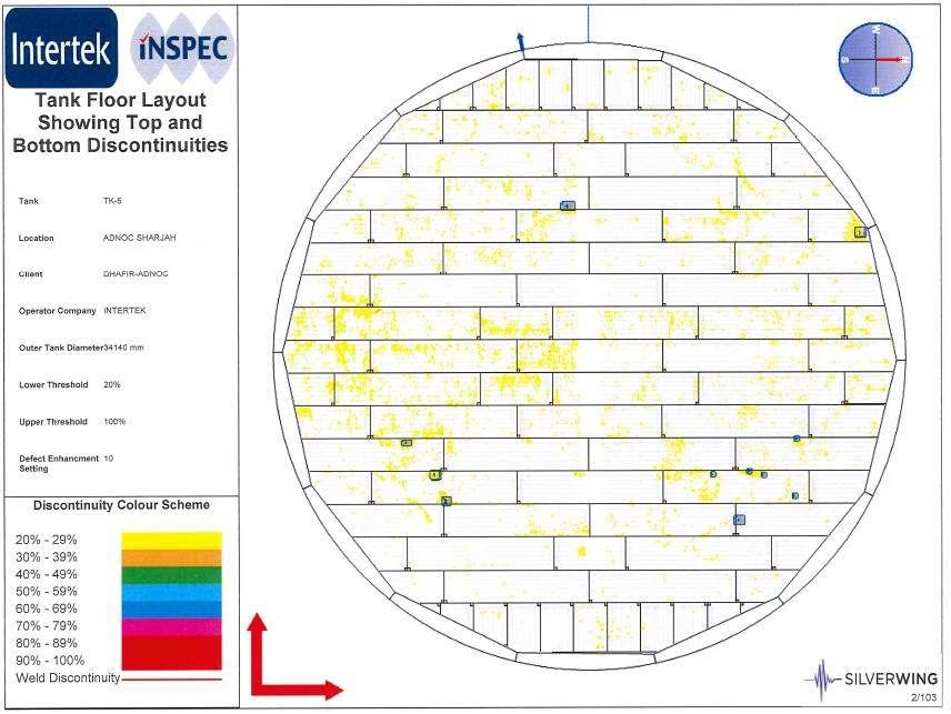 Photo 3: MFL imaging of the bottom plates showing severity and distribution of corrosion areas on the top and bottom sides of the floor plates. References: 1.