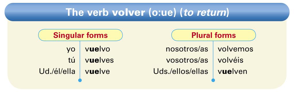 In many other verbs, such as volver (to return), the stem vowel changes from o to ue.