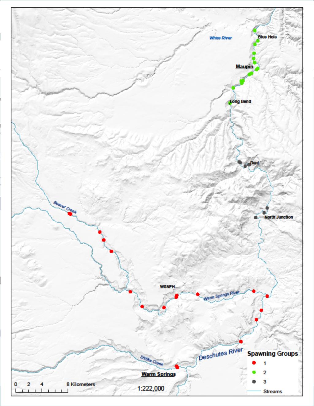 Overwinter and Spawning Locations Fall 2005-2008: overwinter locations of 35 of the 52 live, radio-tagged Pacific lampreys 74% (26) were in the Deschutes River 20% (7) were in the Warm Springs River