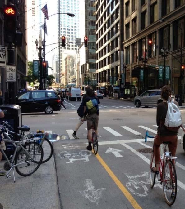 Findings: Use of Traffic Signals to Separate Movements Figure ES-6. Bicyclists wait at a bike signal on Dearborn Street.