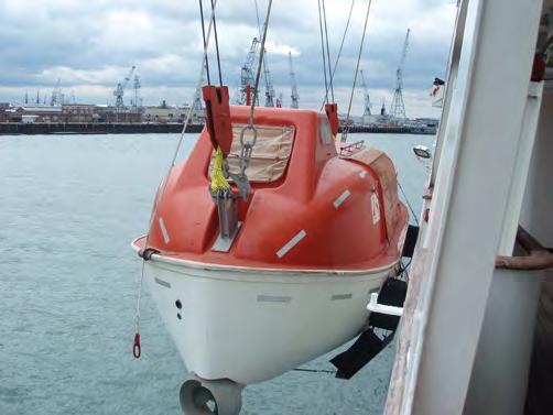 2 Swing-out for boats with outboard boarding arrangements The boat is released from constraints such as gripes and swung out. Tricing pendants (orange arrow) are rare in modern enclosed boats.