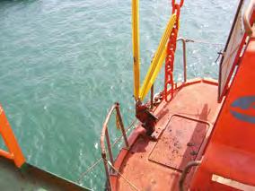 (see below) The davits lack a loadtested hanging-off point. A long sling of suitable working load limit however can be rigged around the davit in the fashion shown.
