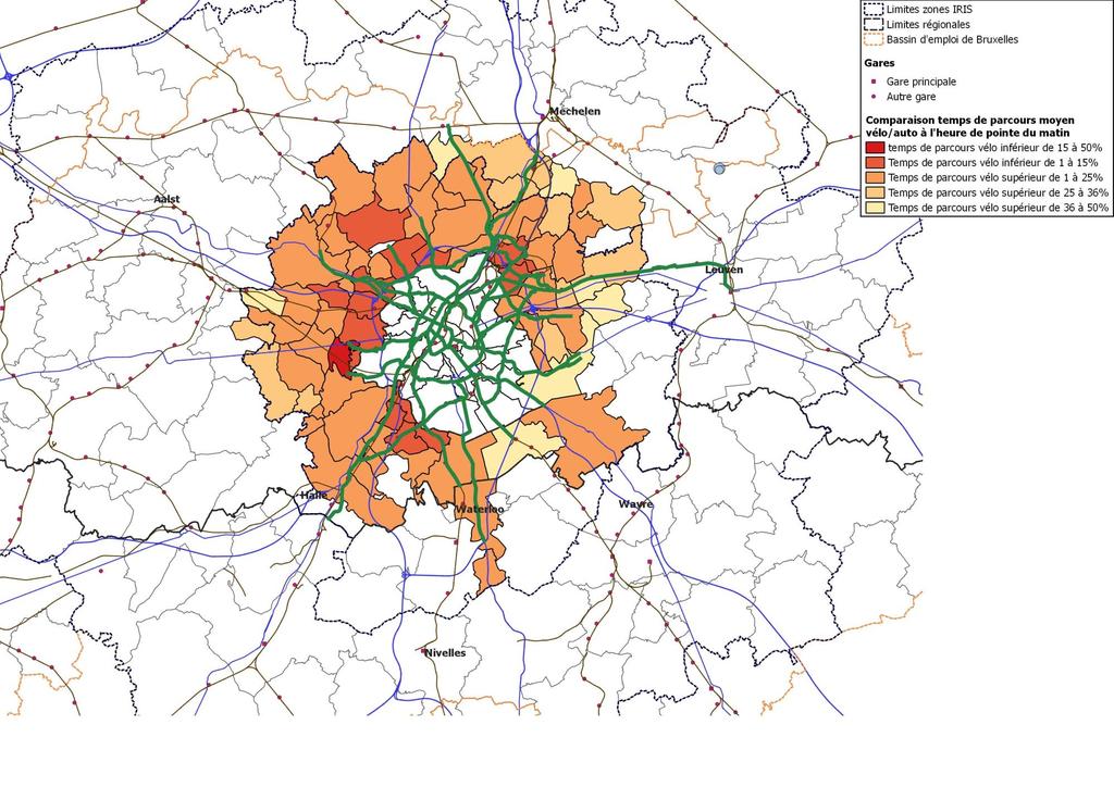 COMPARISON OF JOURNEY TIMES BY BICYCLE AND CAR TO BRUSSELS AT