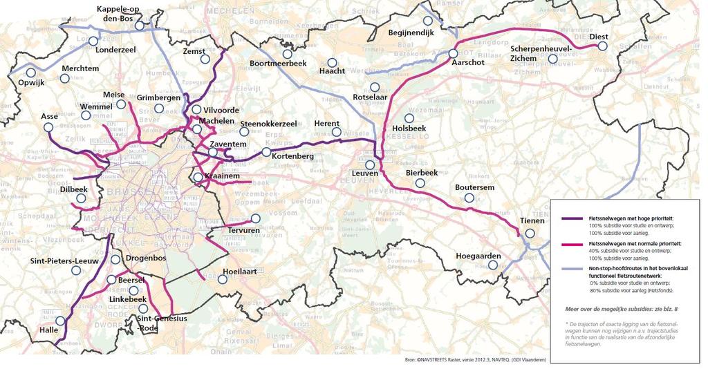 FUNDING OF CYCLE LANES BY THE FLEMISH REGION Within the routes planned for the cycling RER, the Flemish Region has identified priority axes, for which funding