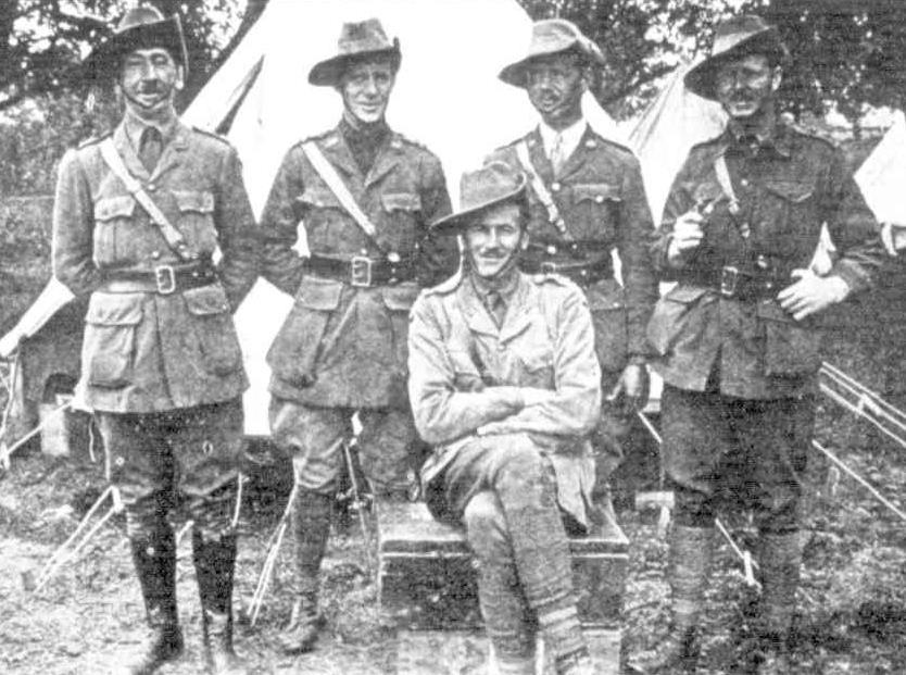 Group of Australian officers taken somewhere behind the lines. The names from left to right are Lieutenant Dawson (Adjutant), Lieutenant R. H. Herd (Vic.