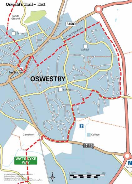 Oswald s Trail East Length of section 2.75 miles This section goes from Oswestry Bus Station to Shrewsbury Road via the green corridor to the east of the town between the A5 and the town.