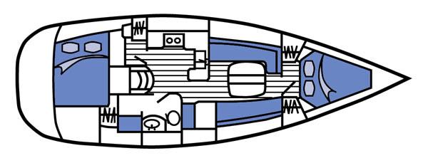 in-mast furling, and autopilot. Panoramic forward-facing windows bring plenty of light into the cabin. Good head room.