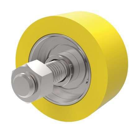 Solid Roller stud mount 60624 Material, urethane or neoprene bonded to a steel insert. Hardness from 20-80 durometer (Shore A). Technical Notes Bearings included (held in place with snap rings).