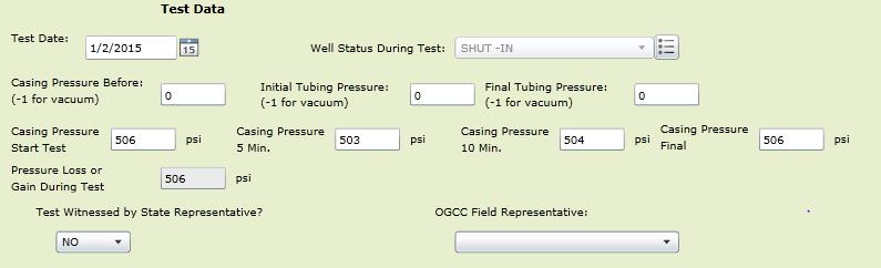 Test Data Test Date date the mechanical integrity test was performed Well Status During Test dropdown to choose whether well shut-in or injecting during MIT Casing Pressure Before (psi) the MIT* this