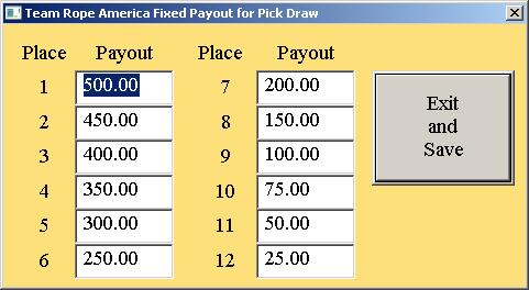 Fixed Payout Values for each Event This screen gives you the opportunity to change the payout values for this event.