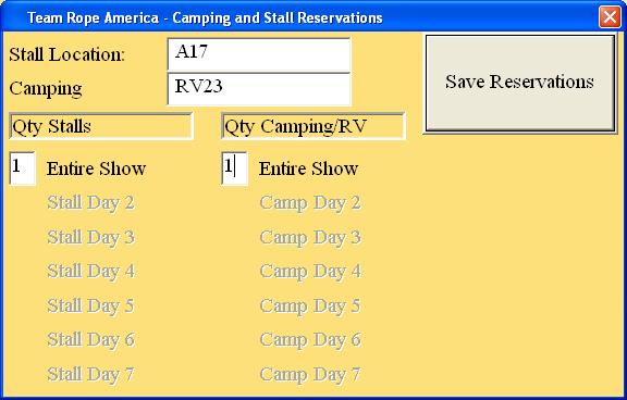 Camping and Stall Reservations When you click on Camp/Stall Reservations in the roper signup screen, you will see a screen like this: Stall Location: The stall number reserved for this rider.