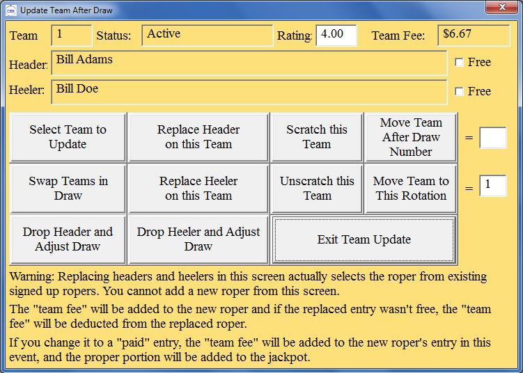 Updating Teams After the Draw This is where you can make changes to drawn teams. The screen looks like this: See the warnings at the bottom of the screen. They contain important information.