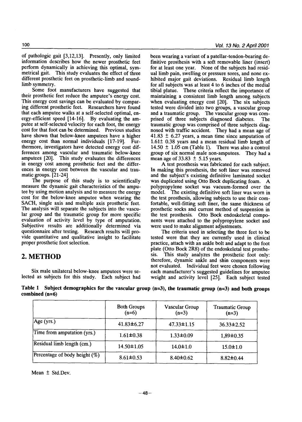 100 Vol. 13 No. 2 April 2001 of pathologic gait [3,12,13]. Presently, only limited information describes how the newer prosthetic feet perform dynamically in achieving this optimal, symmetrical gait.